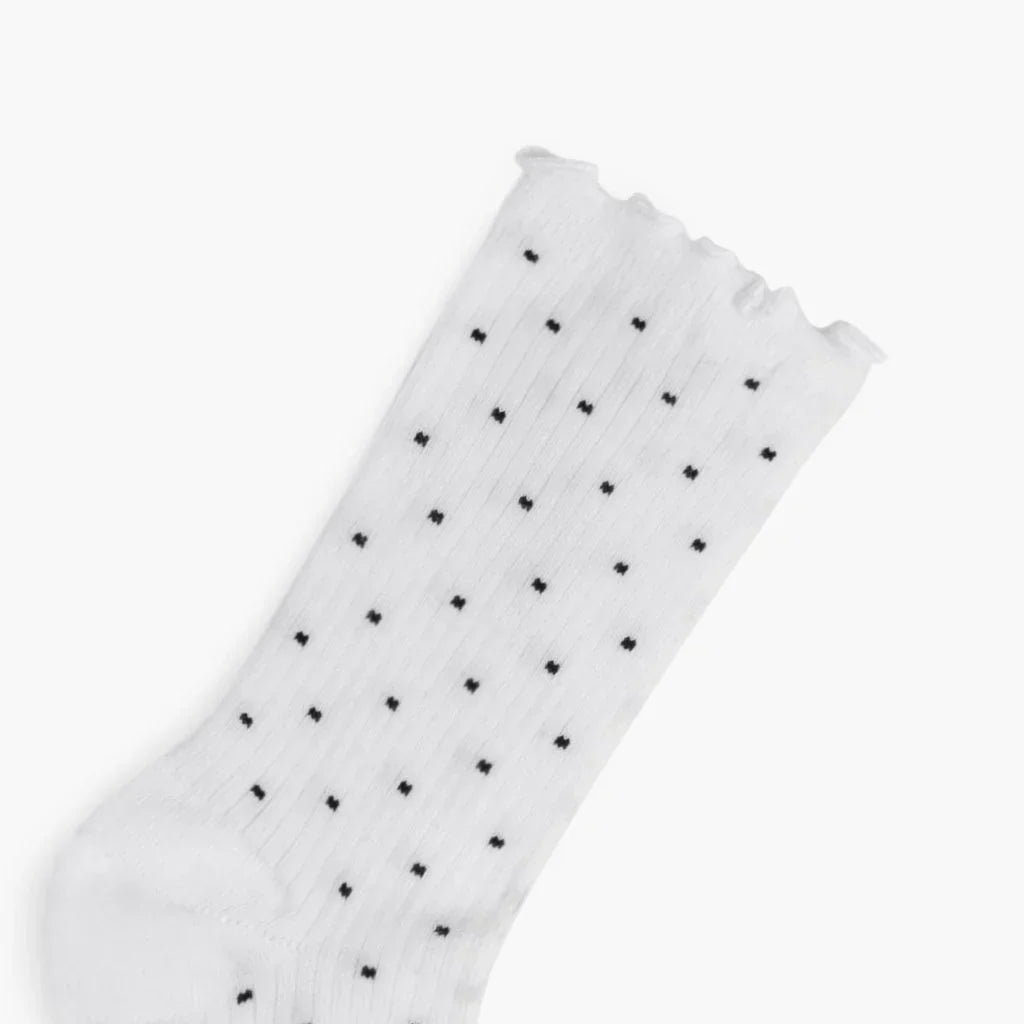 Women’s Ruffle Rib Quarter Sock | White x Black Polka Dot
